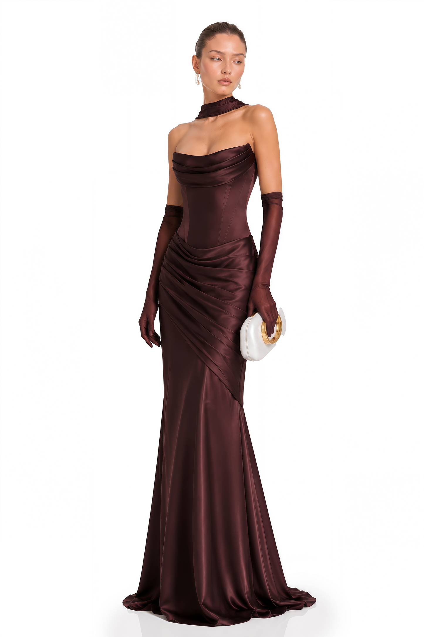 Marilou Brown Ruched Satin Maxi Dress