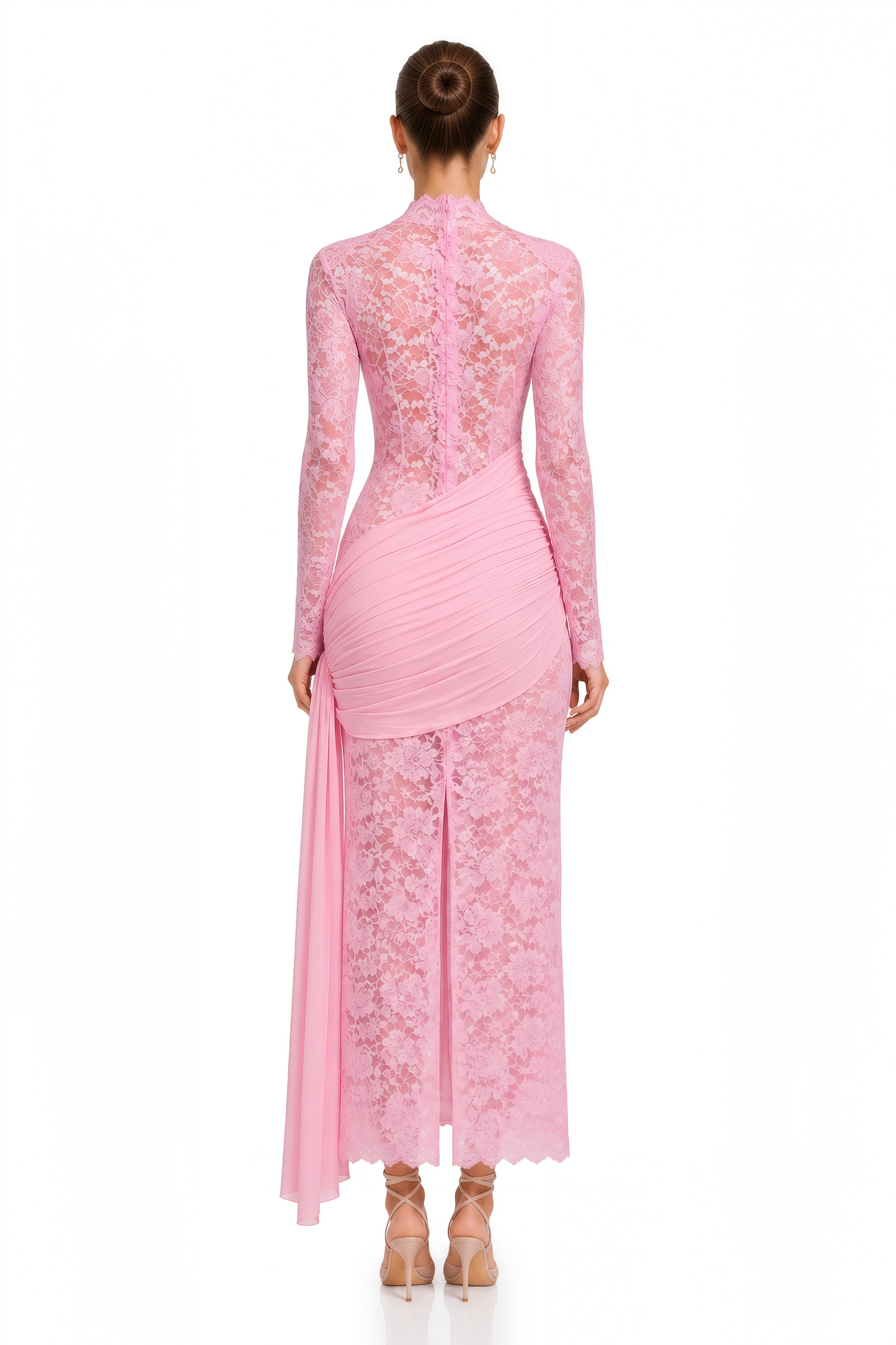 Nuria Pink Ribbon Detail Floral Lace Midi Dress