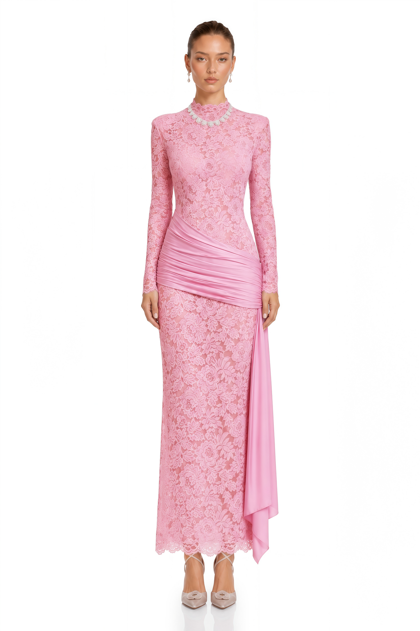 Nuria Pink Ribbon Detail Floral Lace Midi Dress