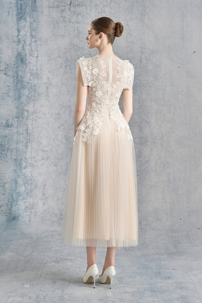 Annabelle Flower-appliqué Tulle Midi Dress (Without Belt)