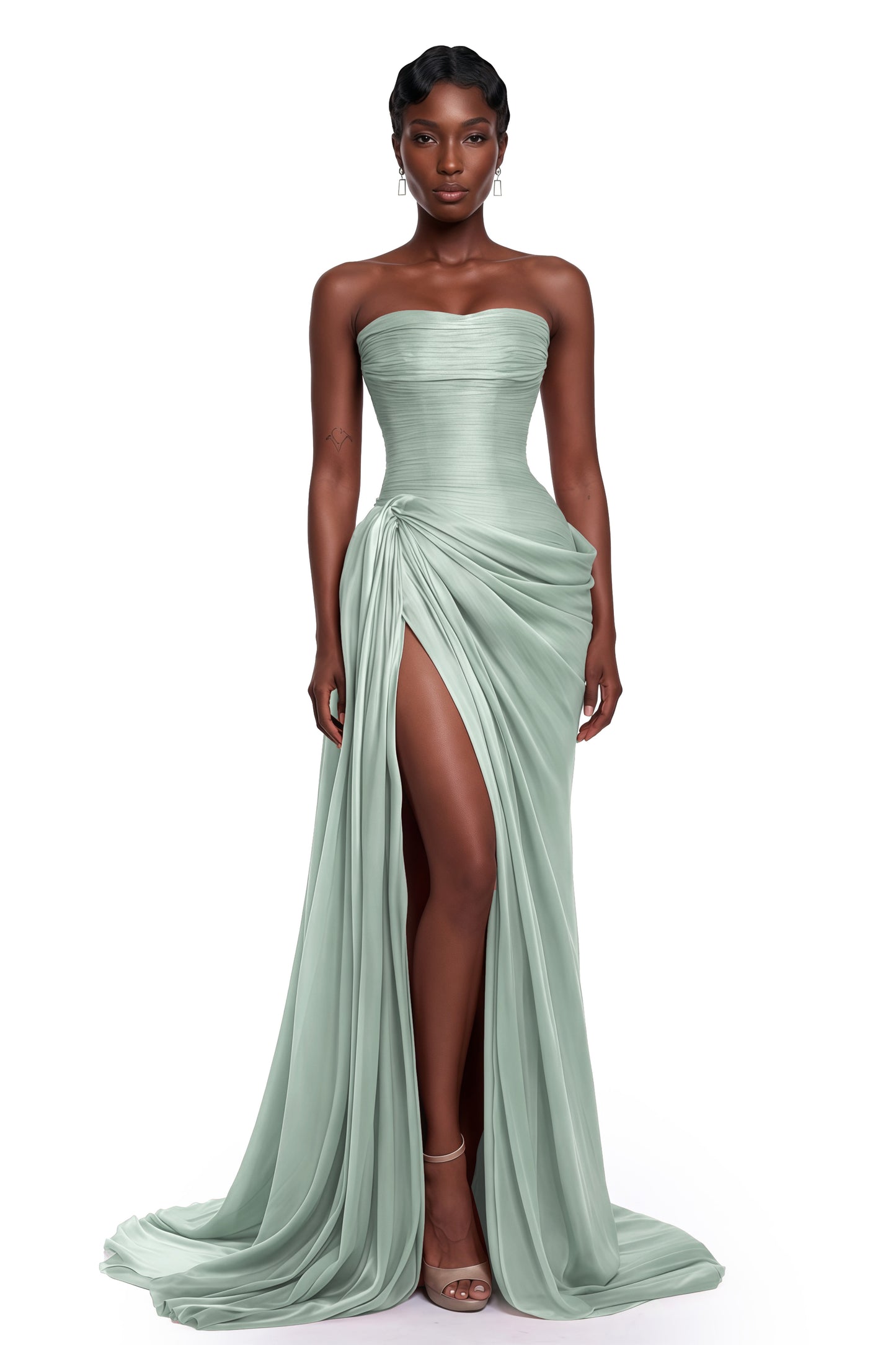 Querubina Green Asymmetrical Ruched Maxi Dress