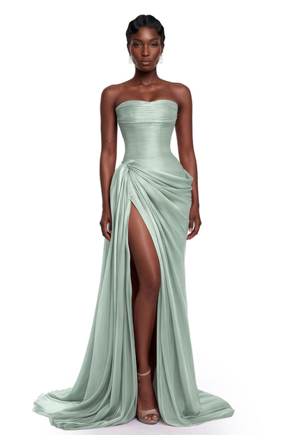 Querubina Green Asymmetrical Ruched Maxi Dress