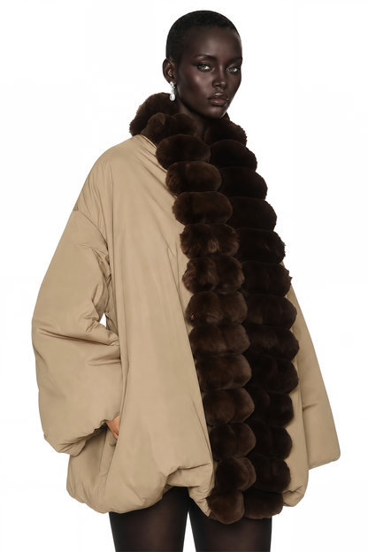 Ileana Khaki Fur Trim Bubble Down Jacket