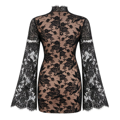 Bulelwa Black Semi-Sheer Floral Lace Mini Dress