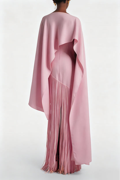 Cayetana Pink Fringe Maxi Dress with Cape Effect
