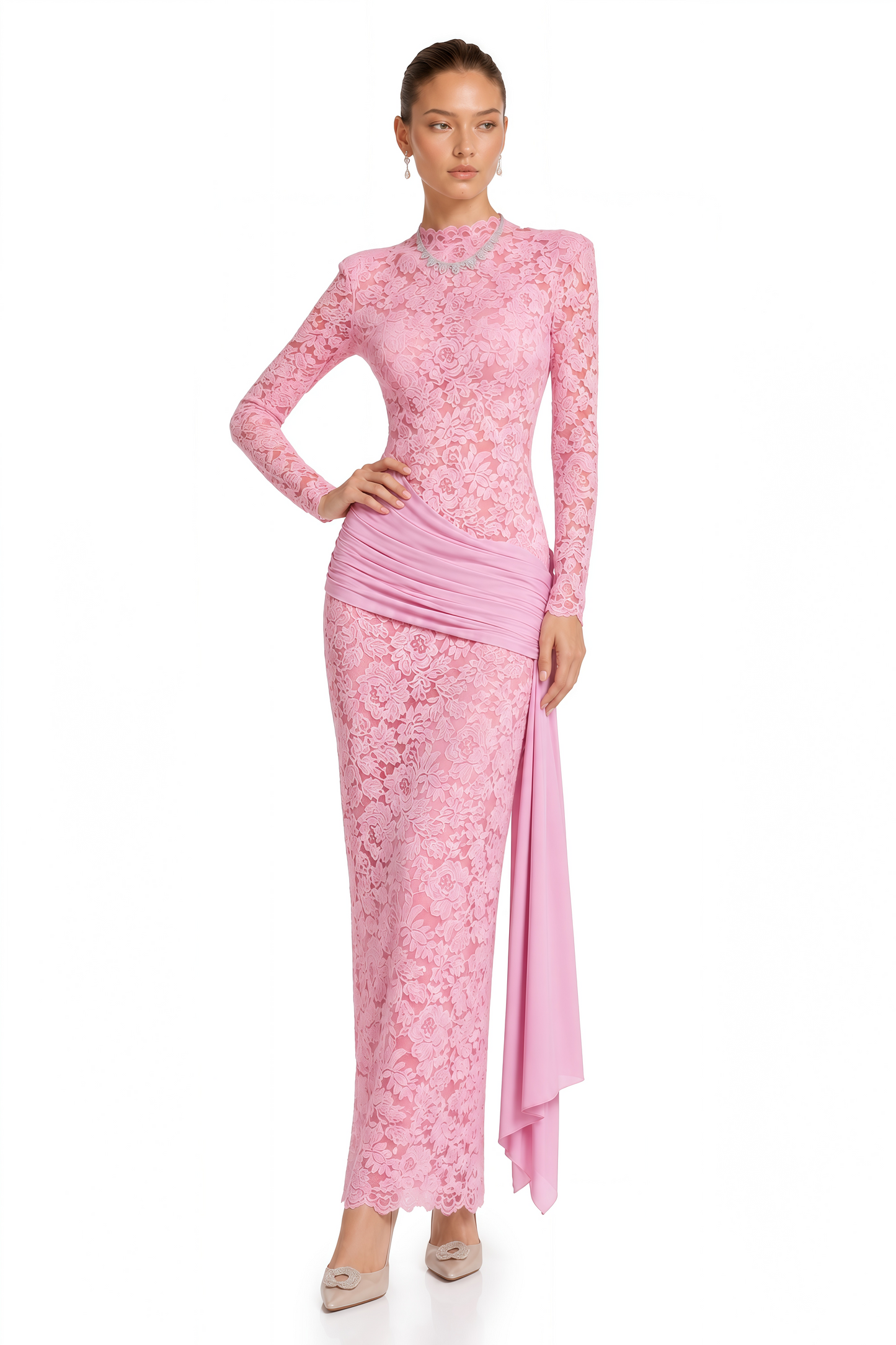 Nuria Pink Ribbon Detail Floral Lace Midi Dress