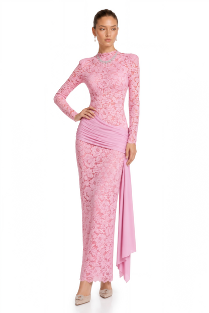 Nuria Pink Ribbon Detail Floral Lace Midi Dress