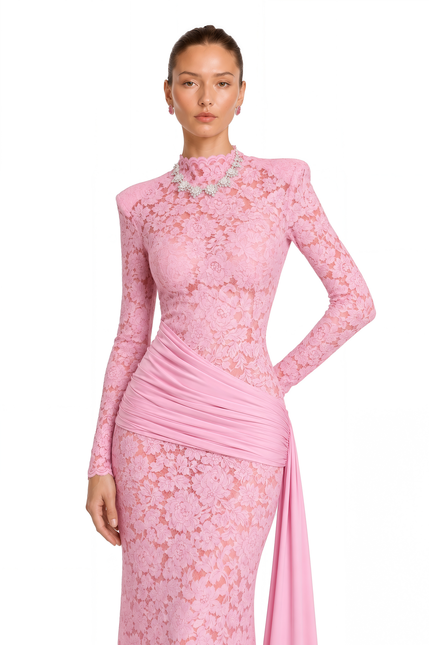 Nuria Pink Ribbon Detail Floral Lace Midi Dress