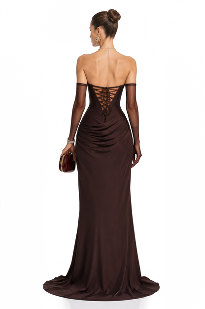 Vedette Kahve Dantelli Korse Uzun Elbise (Eldivensiz)