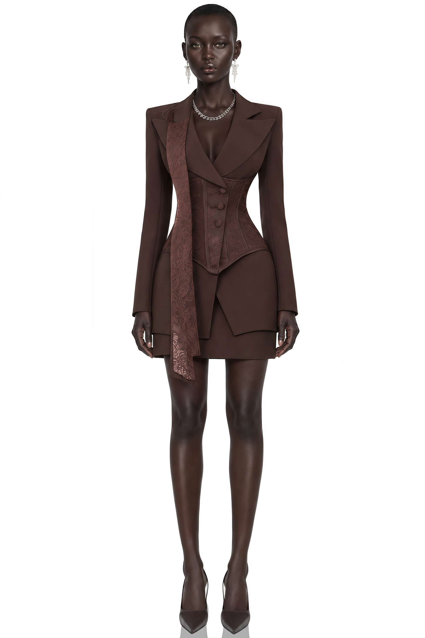 Sienna Brown Blazer & Skirt Set with Lace Panels