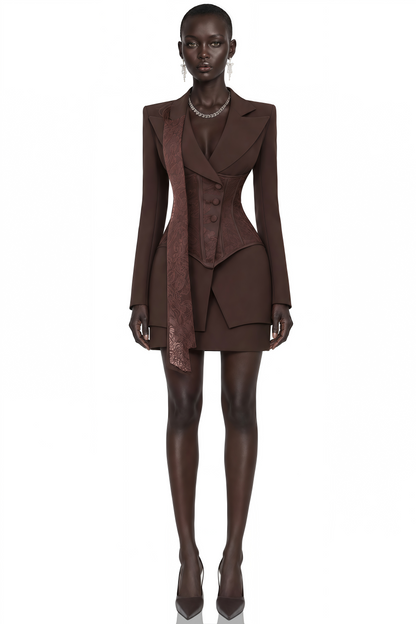 Sienna Brown Blazer & Skirt Set with Lace Panels