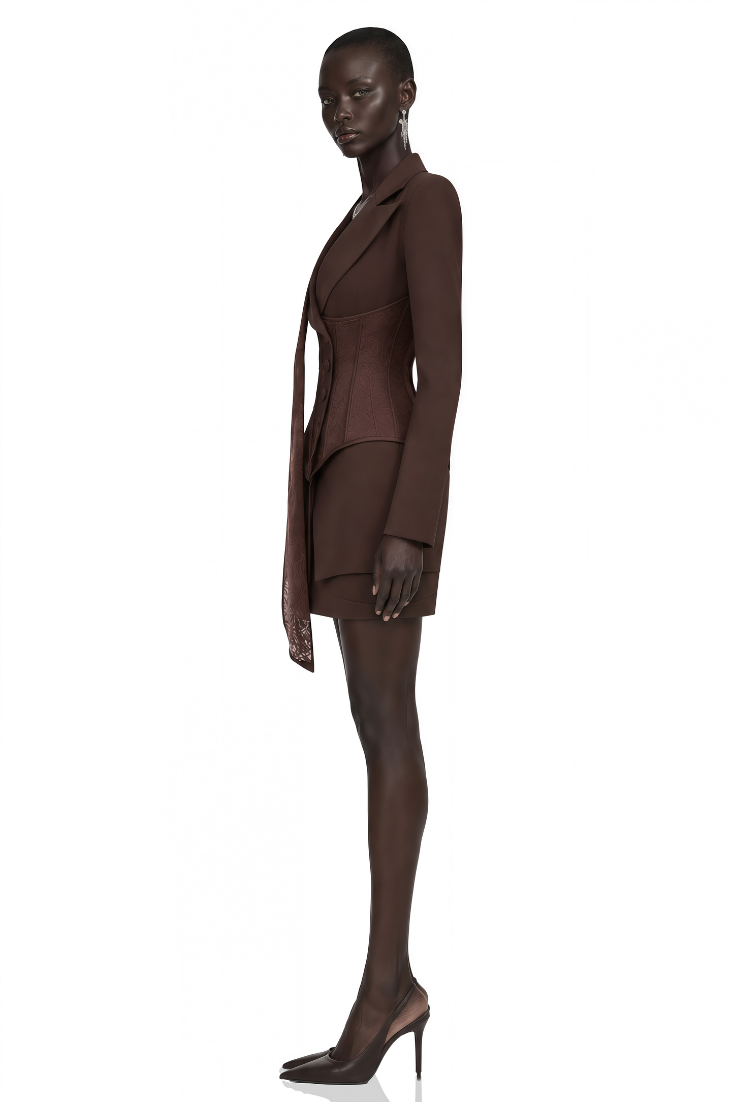 Sienna Brown Blazer & Skirt Set with Lace Panels