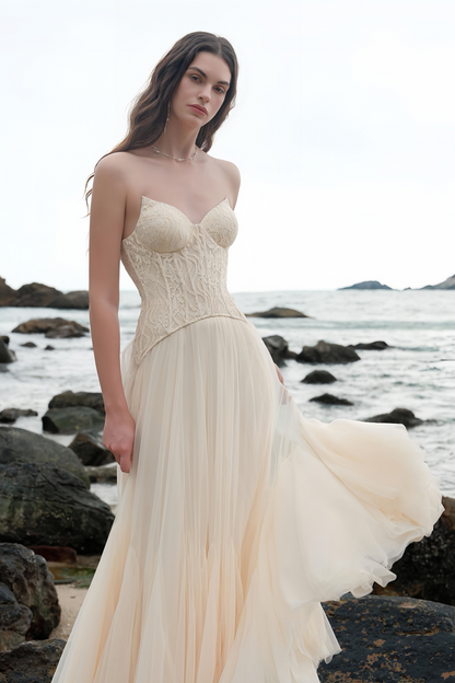 Ulrique Bej Dantel Korse Tül Maxi Elbise