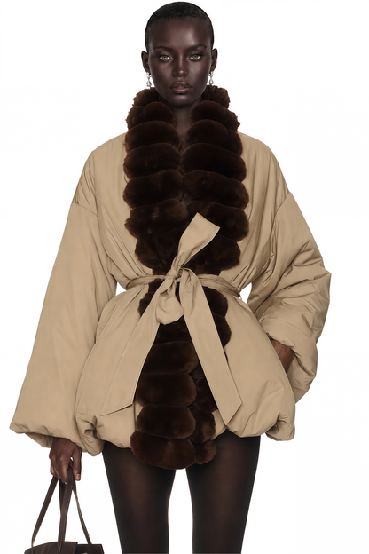 Ileana Khaki Fur Trim Bubble Down Jacket