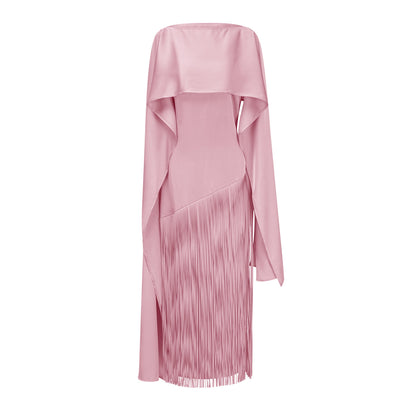 Cayetana Pink Fringe Maxi Dress with Cape Effect