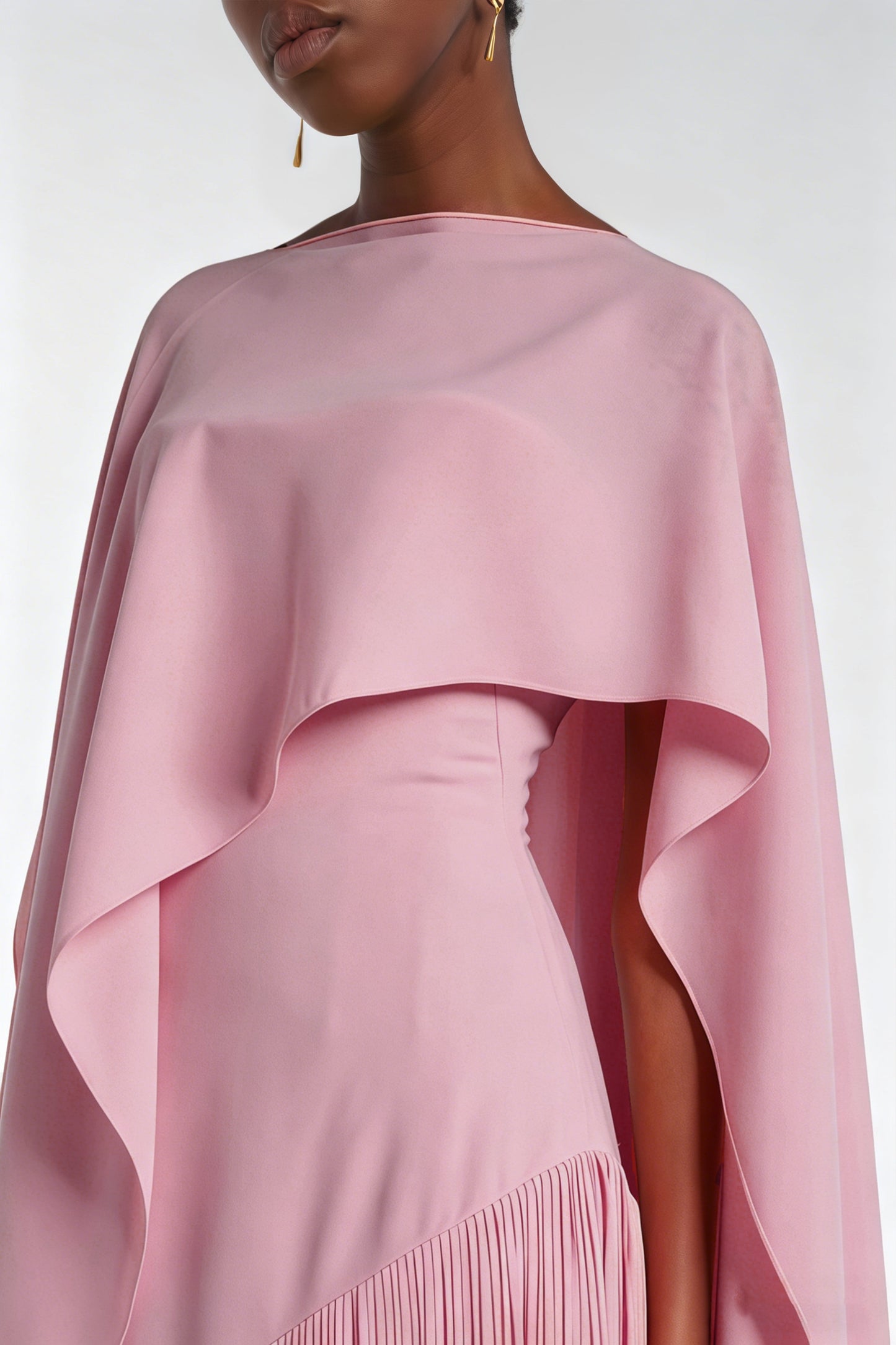 Cayetana Pink Fringe Maxi Dress with Cape Effect