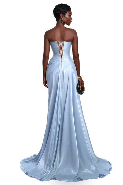 Querubina Blue Asymmetrical Ruched Maxi Dress