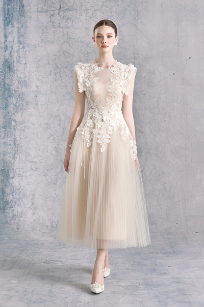 Annabelle Flower-appliqué Tulle Midi Dress (Without Belt)