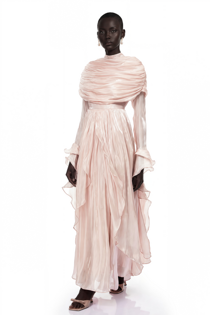 Gustave Pink Ruched Cape Ruffled Maxi Dress