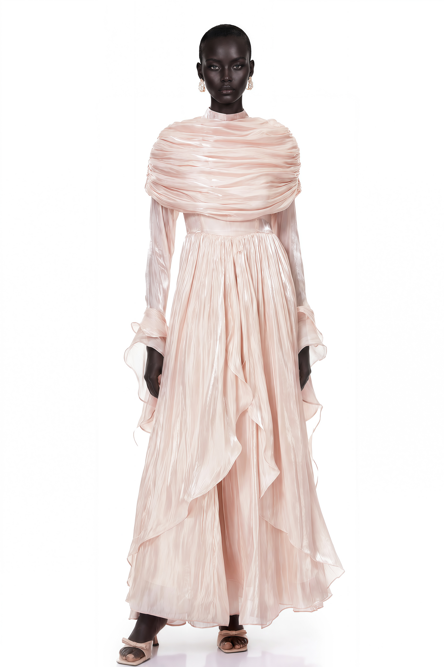 Gustave Pink Ruched Cape Ruffled Maxi Dress