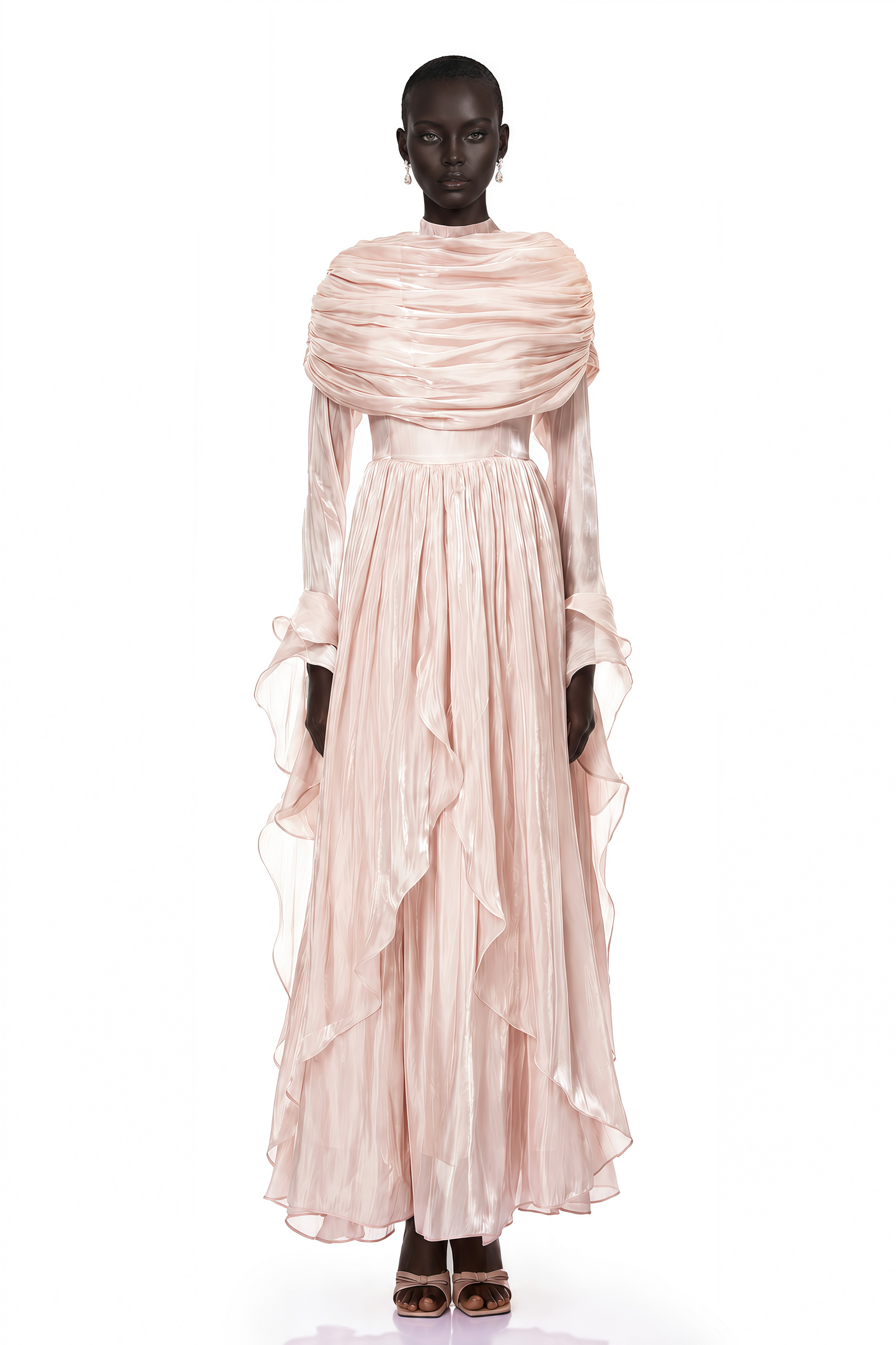 Gustave Pink Ruched Cape Ruffled Maxi Dress