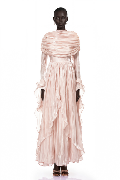 Gustave Pink Ruched Cape Ruffled Maxi Dress