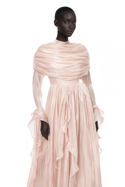 Gustave Pink Ruched Cape Ruffled Maxi Dress