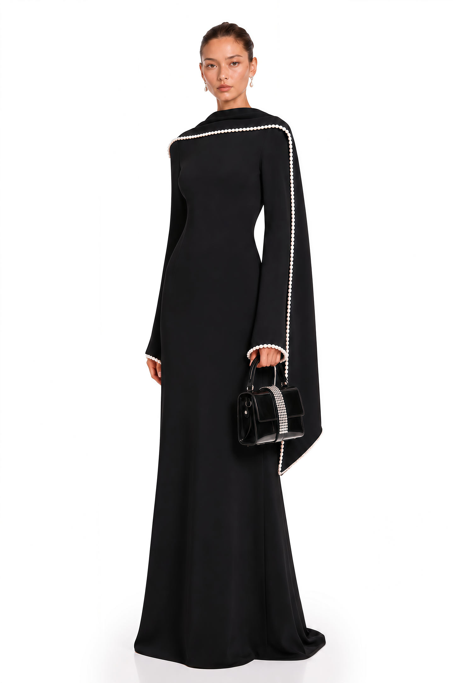 Piroska Black Pearl Trim Shawl Detail Maxi Dress