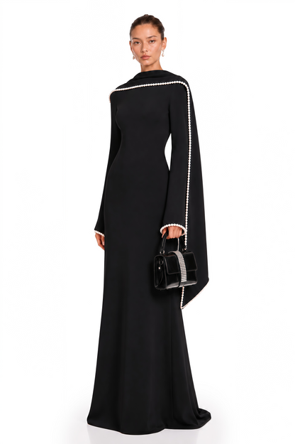 Piroska Black Pearl Trim Shawl Detail Maxi Dress