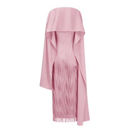 Cayetana Pink Fringe Maxi Dress with Cape Effect