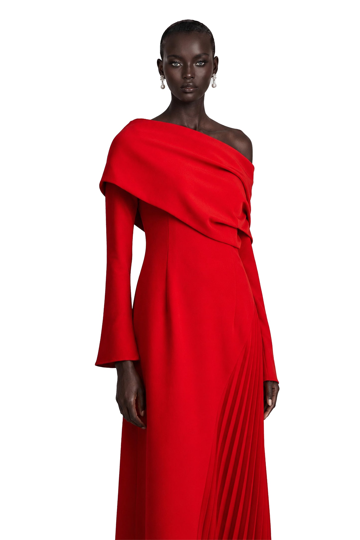 Valentine Red Pleated Maxi Dress with High Slit