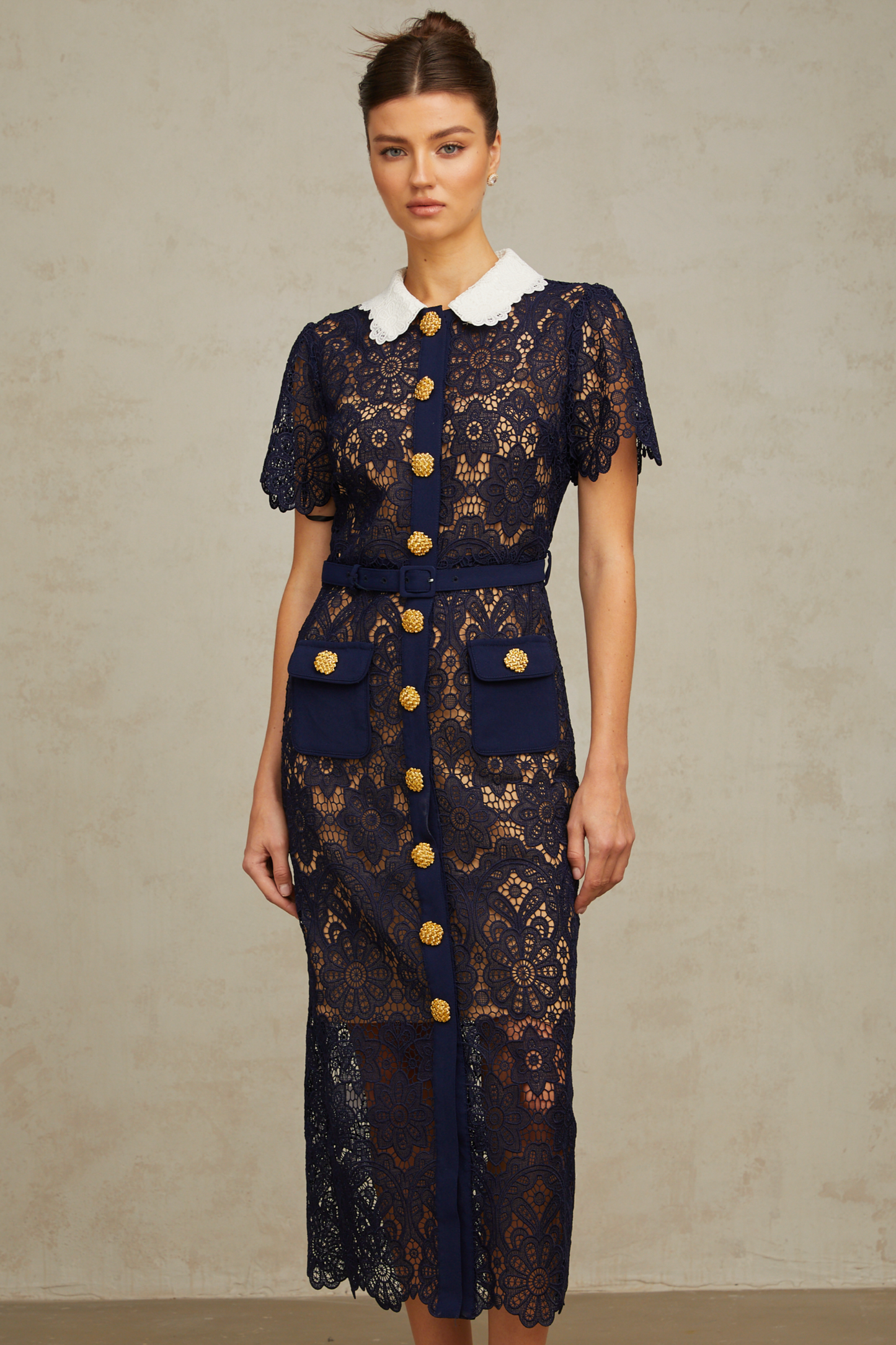 Ariane Navy Crochet-lace Midi Dress