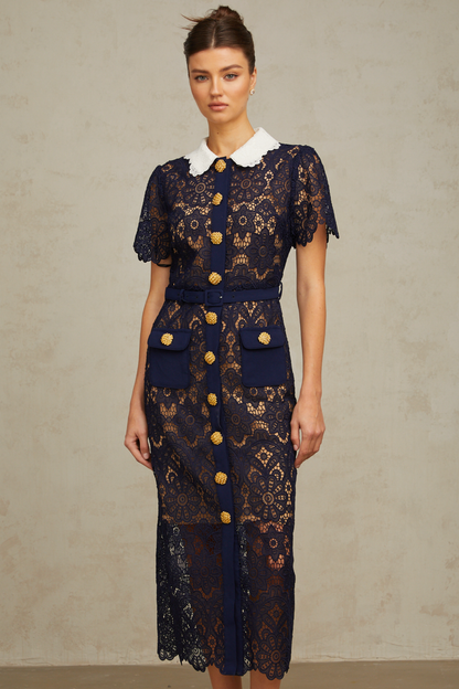 Ariane Navy Crochet-lace Midi Dress