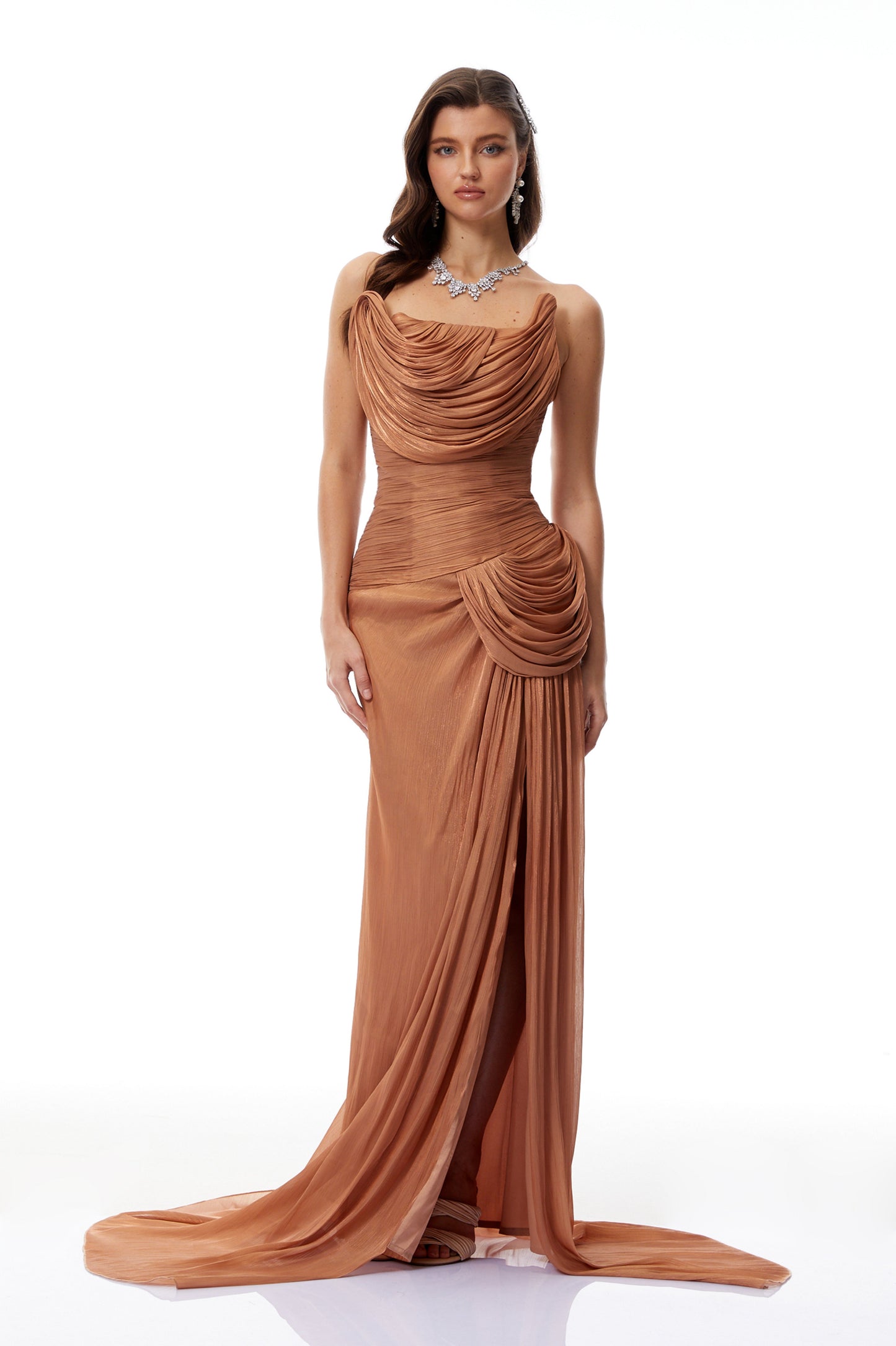 Gelsomina Gold Asymmetrical Glossy Gathered Maxi Dress