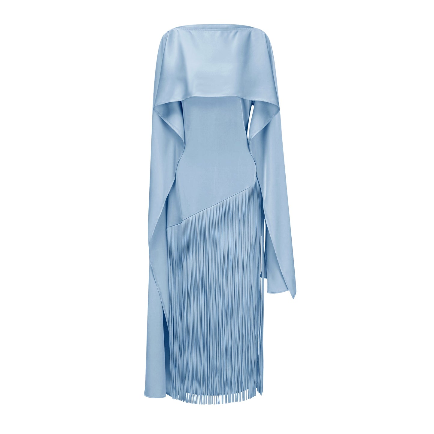 Cayetana Sapphire Blue Fringe Maxi Dress with Cape Effect