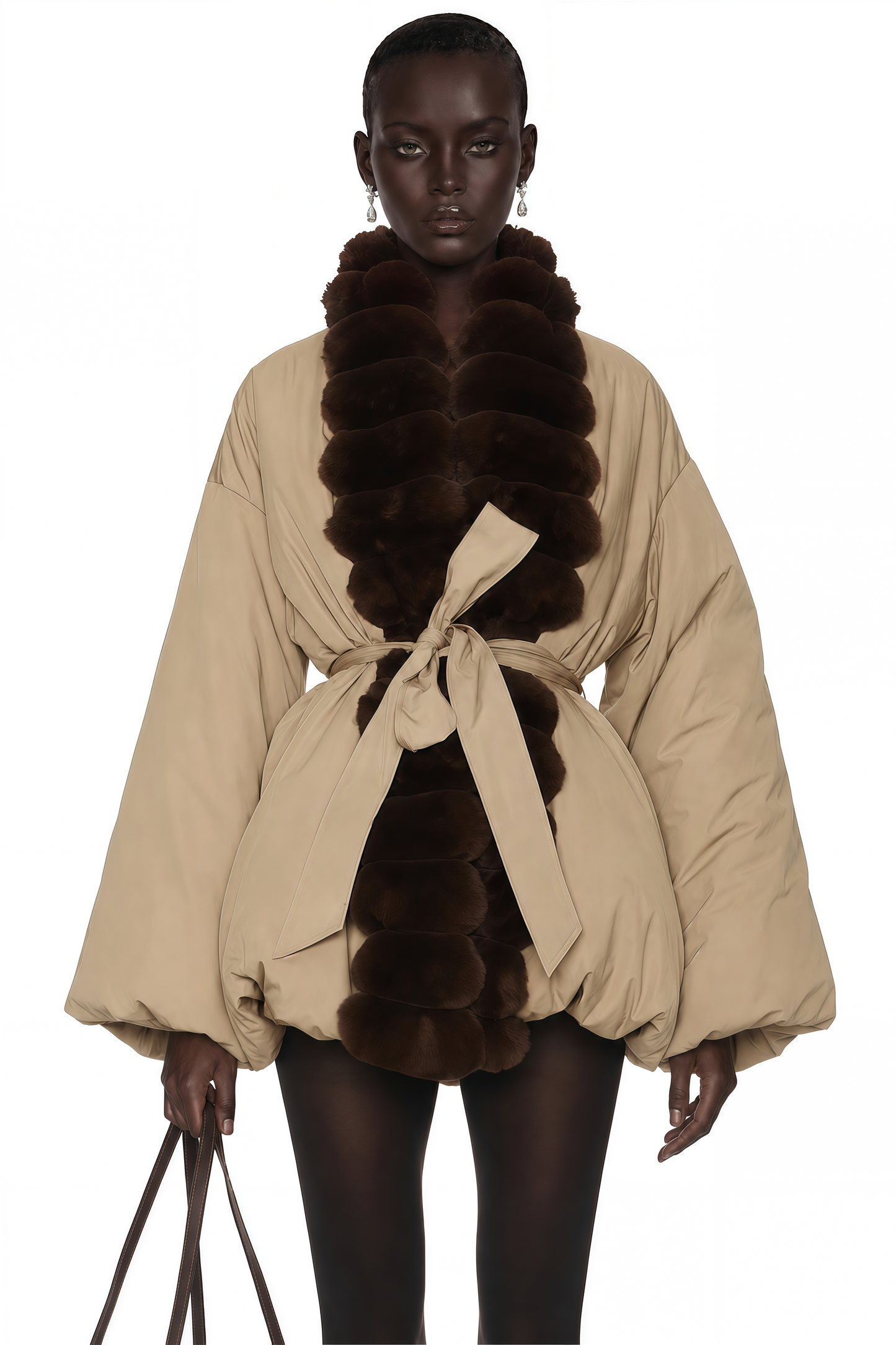Ileana Khaki Fur Trim Bubble Down Jacket