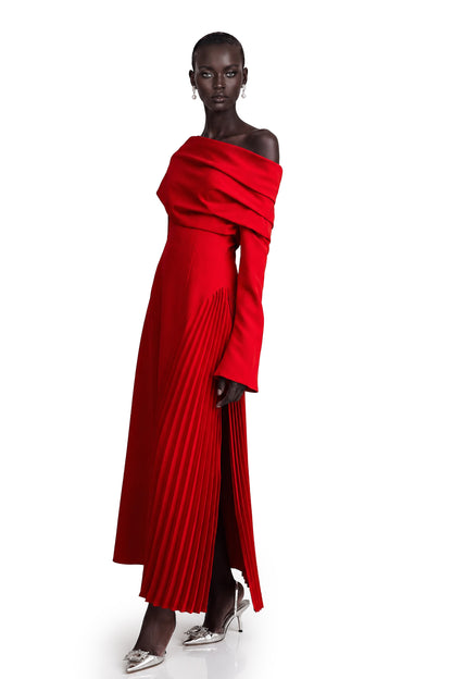 Valentine Red Pleated Maxi Dress with High Slit