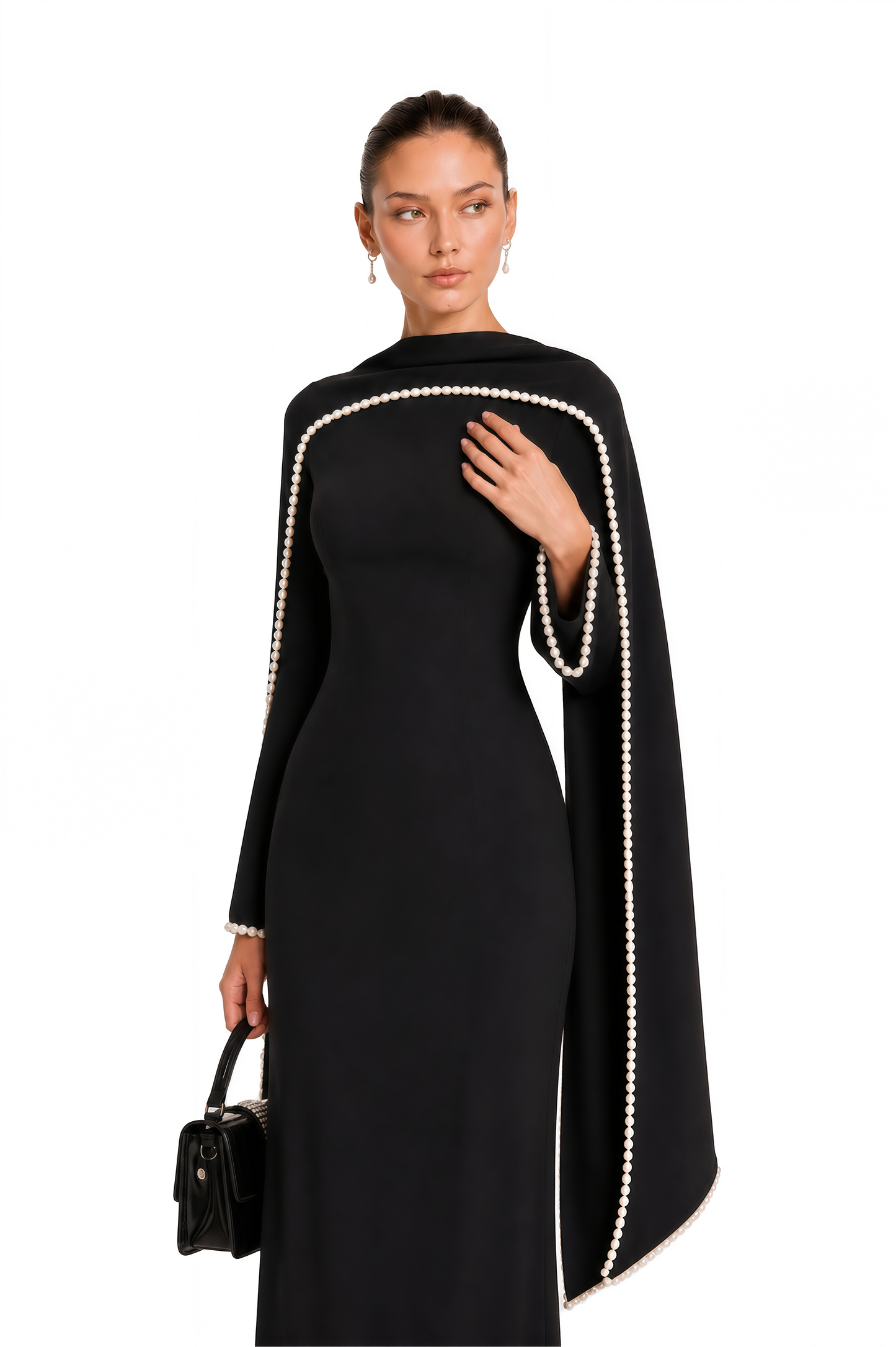 Piroska Black Pearl Trim Shawl Detail Maxi Dress