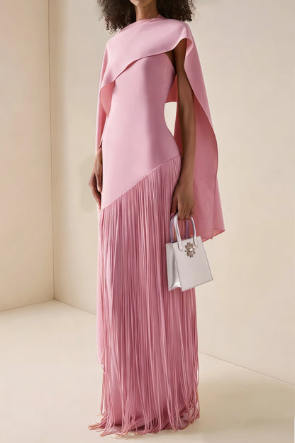 Cayetana Pink Fringe Maxi Dress with Cape Effect