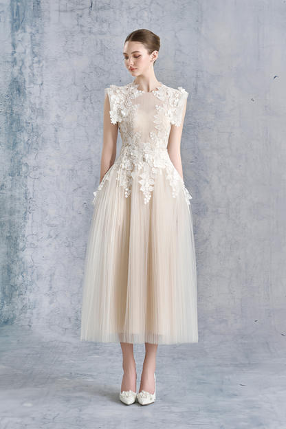 Annabelle Flower-appliqué Tulle Midi Dress (Without Belt)