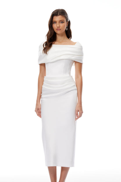 Solara White Draped Midi Dress