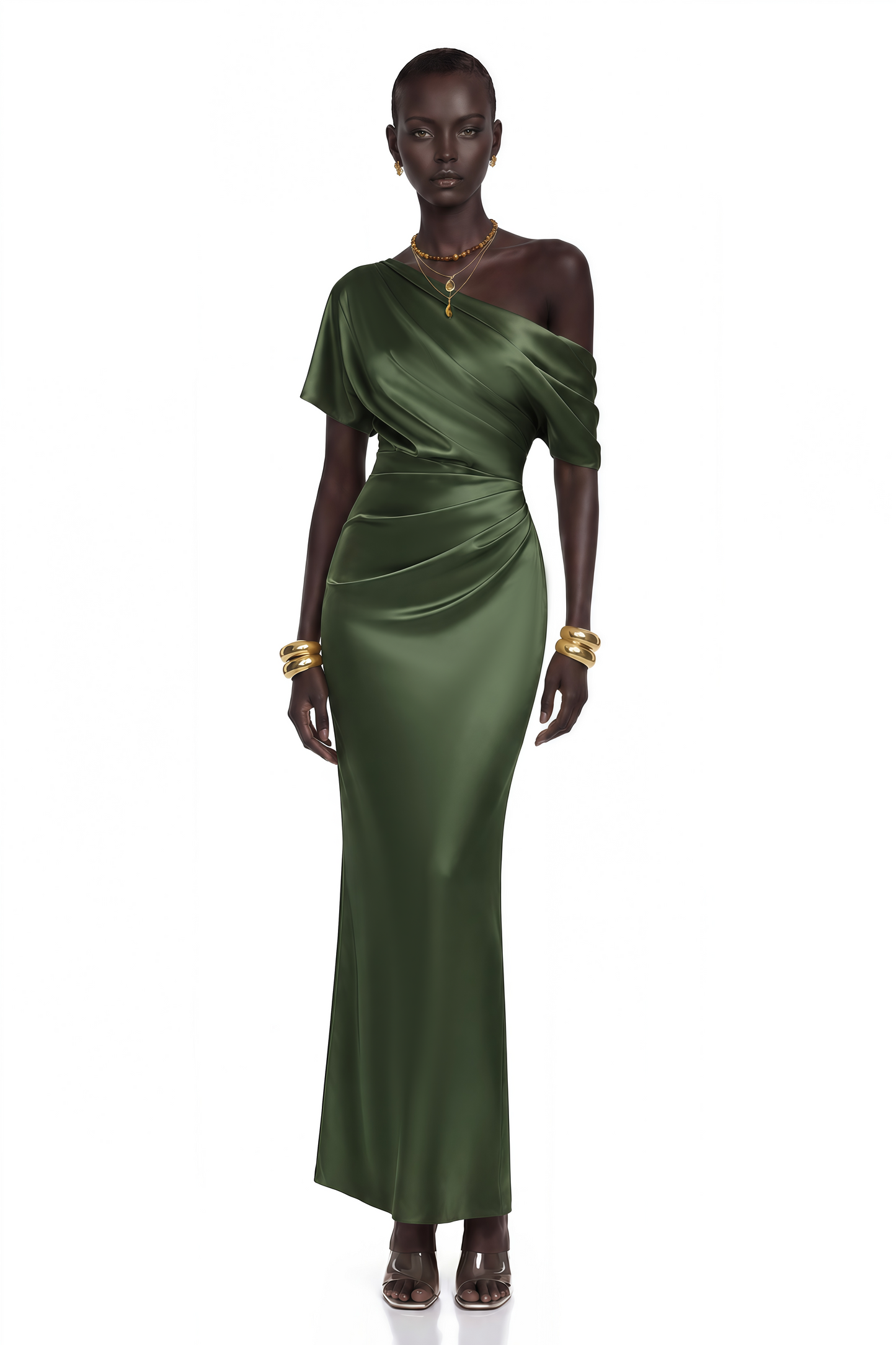 Roshan Emerald Green One Shoulder Satin Maxi Dress
