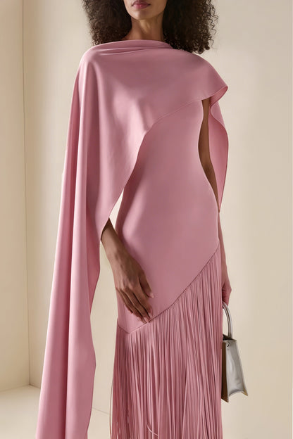Cayetana Pink Fringe Maxi Dress with Cape Effect