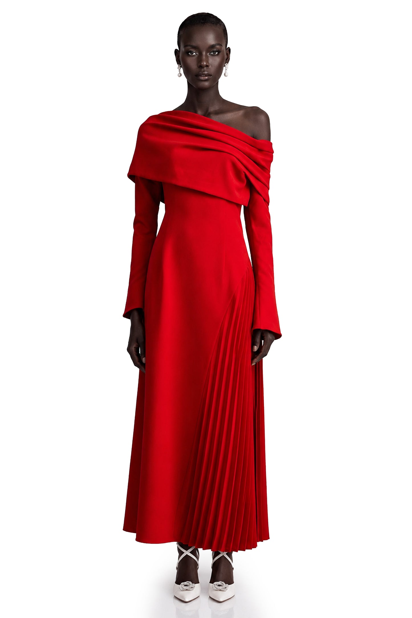Valentine Red Pleated Maxi Dress with High Slit