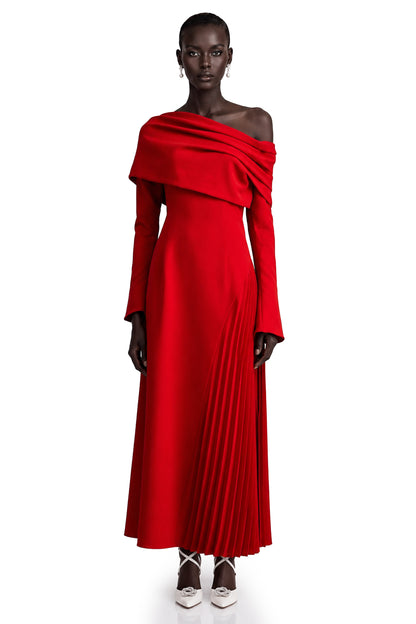 Valentine Red Pleated Maxi Dress with High Slit