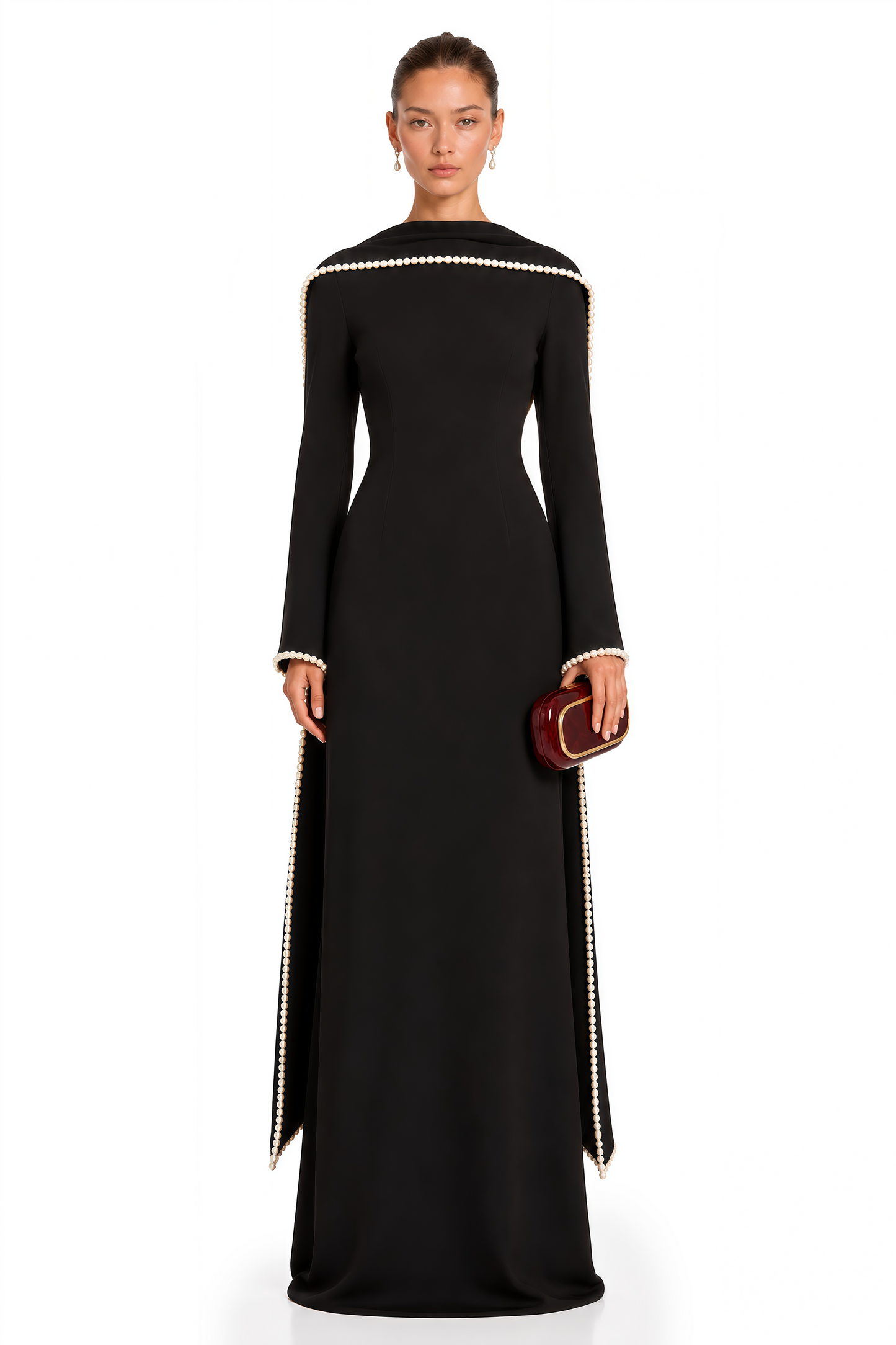 Piroska Black Pearl Trim Shawl Detail Maxi Dress