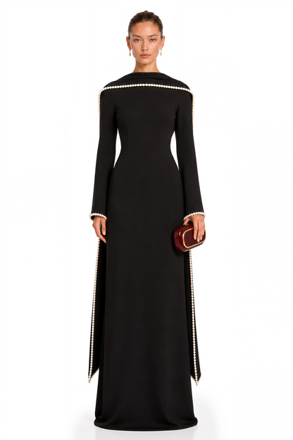 Piroska Black Pearl Trim Shawl Detail Maxi Dress