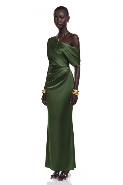 Roshan Emerald Green One Shoulder Satin Maxi Dress