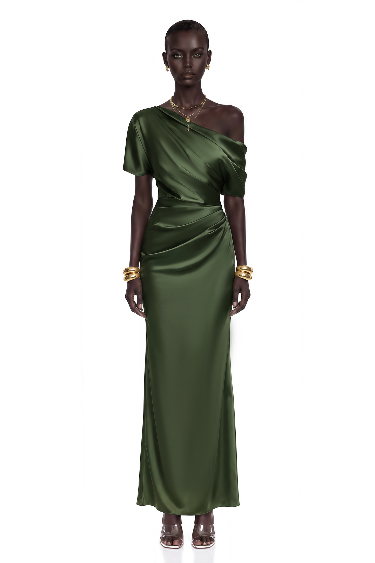 Roshan Emerald Green One Shoulder Satin Maxi Dress