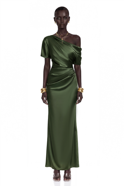 Roshan Emerald Green One Shoulder Satin Maxi Dress